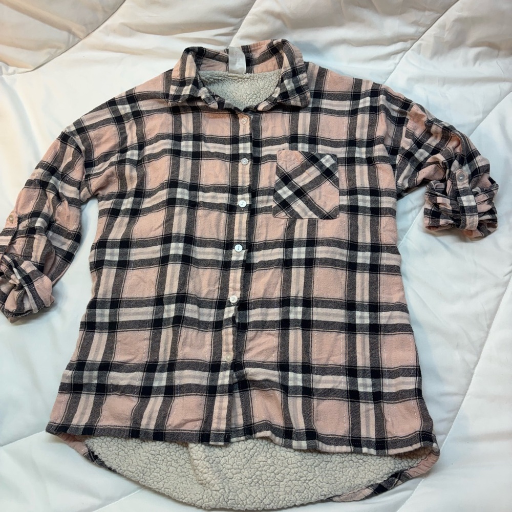 No Boundaries Pink, Black & white Plaid long sleeve Shirt with Sherpa Lining